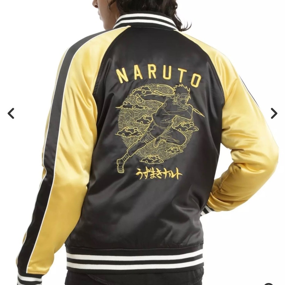 Naruto Shippuden Satin Souvenir Jacket M Black Gold Bomber Uzumaki Sukajan
